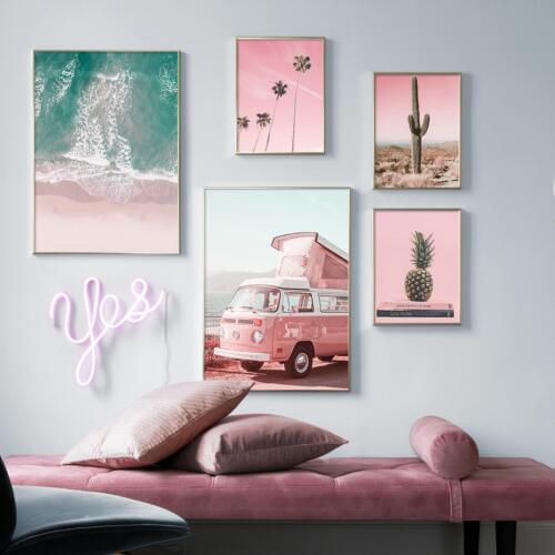 Pink Sky Beach Sea Cactus Car Landscape Wall Art Canvas Painting Nordic Posters And Prints Wall Pictures For Living Room Decor