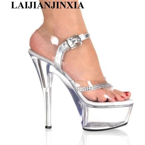 LAIJIANJINXIA New 15CM High Heel Sandals Women Shoes Platform Transparent Sole Custom Color Summer Ankle Srtap Ladies Sandals