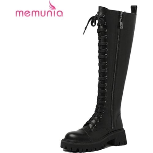 MEMUNIA 2022 New Arrival Cowhide Boots Thick Heels Zipper Cross Tied Knee High Boots Platform Women Winter Fashion Ladies Shoes