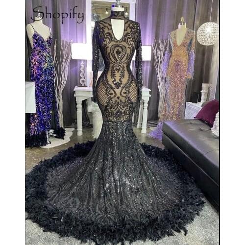 Sexy Mermaid Long Sleeve See Through Black Sequined African Girl Feather Long Prom Dresses 2021 Real Picture