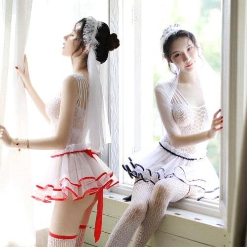 Sexy Lingerie Wedding Dress Roleplay Hollow Mesh Stocking Erotic Costume Lace Underwear Sex Toys for Women