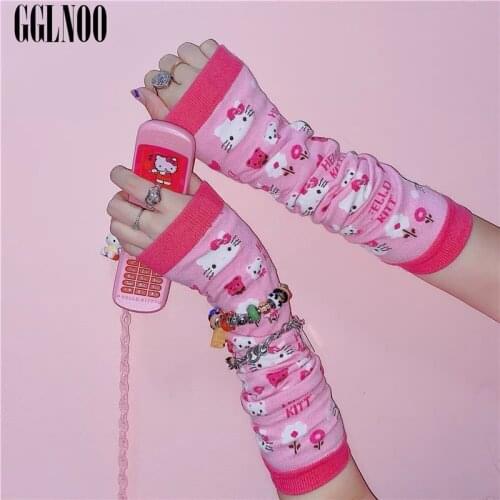 GGLNOO Harajuku Girls Cute Pink Gloves Lolita Kawaii Sweet Streetwear Cartoon Elastic Sun Protection Sleeve Half Tube Gloves