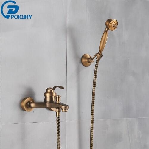 POIQIHY Wall Mounted Hand Held Shower Head Kit Shower Faucet Set Bathroom Bath Shower Mixer Tap Antique Brass Handshower Bracket