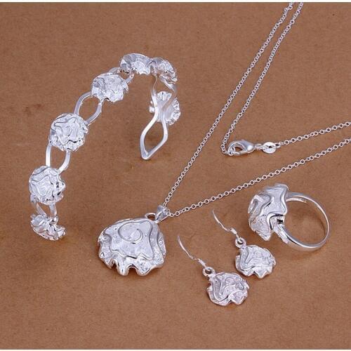 Solid wedding jewelry female charm elegance roses necklace bracelet ring Drop Earrings fashion Silver color jewelry sets S321