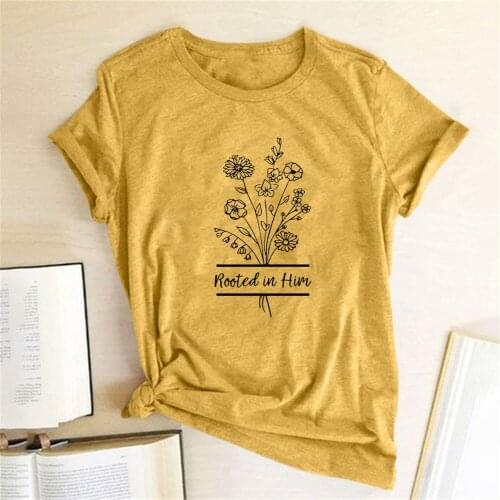 Rooted In Him Flowers Print Graphic T Shirts Women Short Sleeve Fashion Harajuku Shirt Round Neck Summer Loose Tee Shirt Femme