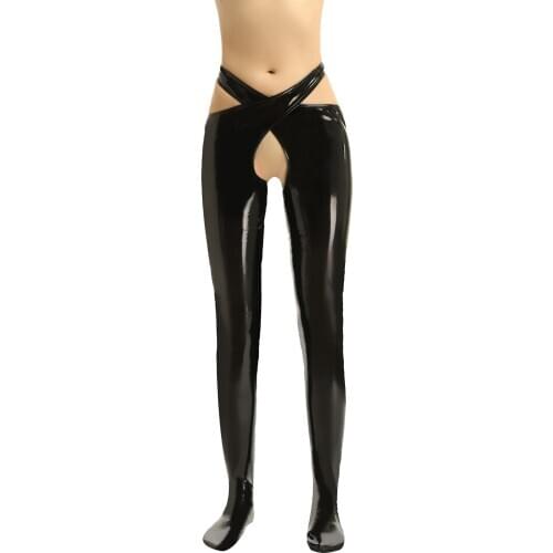 Womens Lingerie Open Crotch Pants Patent Leather Trousers Pants with Waistband Erotic Crotchless Clubwear for Stage Performance