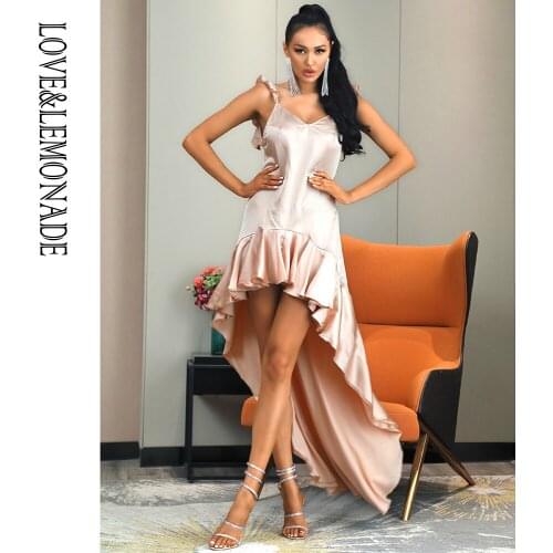 LOVE&LEMONADE Sexy Deep V-Neck Nude Open Back Ruffle A-Line Beach Midi Dress LM81770 Summer Dress