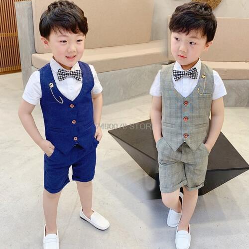 2019 Flower Boys Formal Ceremony Suit Vest +Shorts 2pcs Kids Wedding Clothing Set Children Piano Prom Dance Performance Costume
