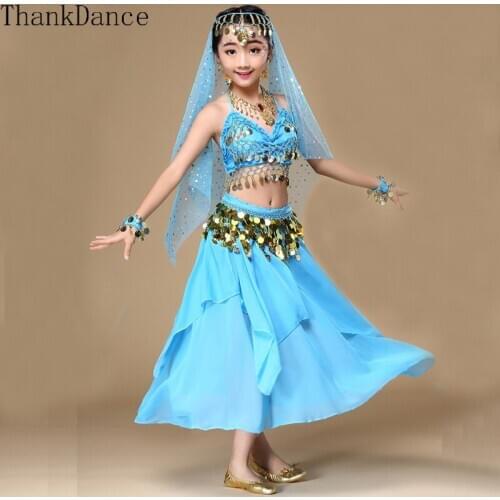 4pcs Girl Belly Dance Costumes for Girls Indian Stage Dance Skirt Performance Kid Dancing Suit Kids Bollywood Belly Clothes Set
