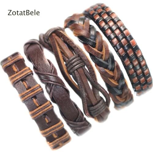 Wholesale 5Pcs Handmade Brown Leather Bracelets Multilayer Braid Wrap Bracelets Bangle Male Rope Chain Men Jewelry F65