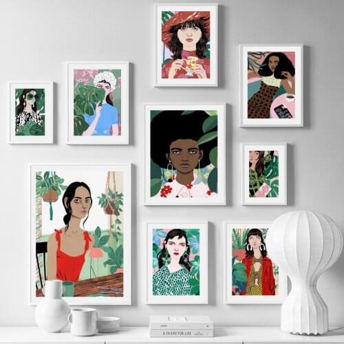 Abstract Colorful Boho Girl Flower Leaf Wall Art Print Canvas Painting Nordic Vintage Poster Wall Pictures For Living Room Decor