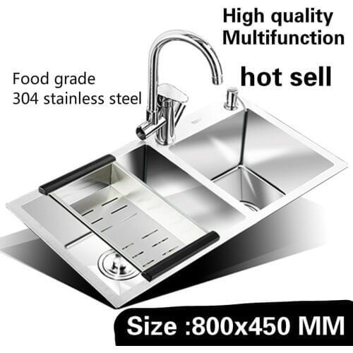 Free shipping Luxury kitchen manual sink double groove multifunction wash vegetables vogue 304 stainless steel 800x450 MM