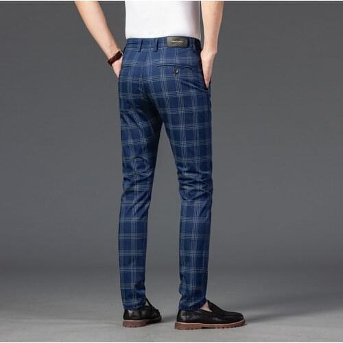 2021 New Mens Plaid Casual Pants Fashion Sanding Slim Fit Elastic Trousers Male Brand Clothing Pleated Pants Men