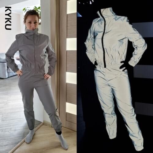 Women Windbreak Sets Reflective Two Piece Set Casual Hip Hop Jackets Night Light Clothes Long Pant Suit 2020 Plus Size