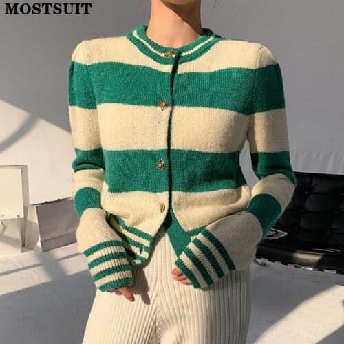Korean Striped Knitted Cardigan Sweater Women Full Sleeve Single-breasted Tops Fashion Casual Slim Female Jumpers Knitwear 2021