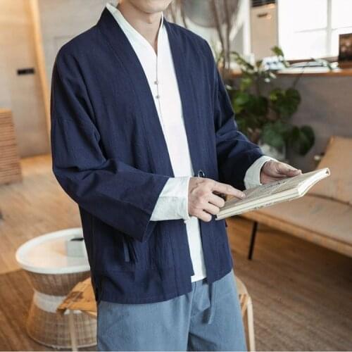 Cotton Jacket Linen Improvement Hanfu Male Japanese Kimono Double-breasted Cardigan Short Loose Coat Taichi Plus Size With Belt