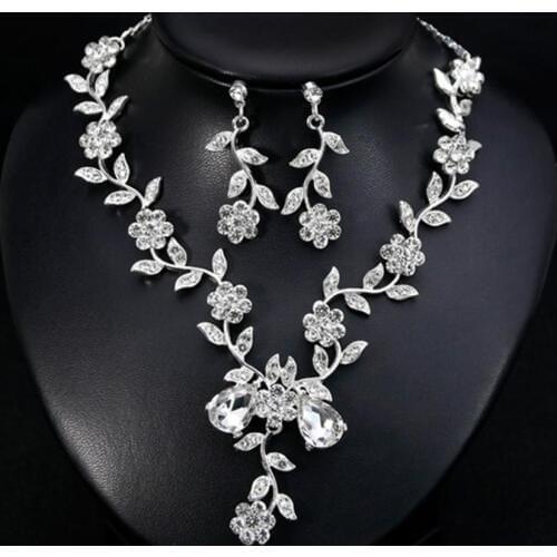 Hot!!! Rhinestone Women Leaves Flower Necklace Stud Earrings Wedding Bridal Jewelry Set