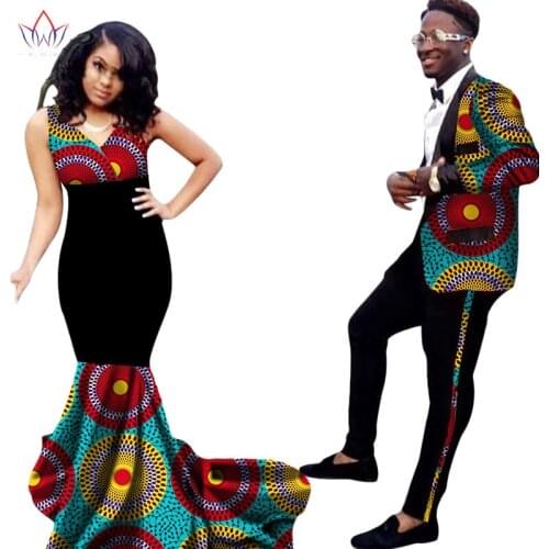 Bintarealwax African Clothing Dresses for Women Ankara Style Batik Prints Mens Suit & Lady Sexy Dress Couples Clothing WYQ54