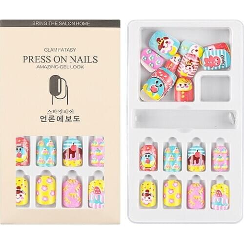 24 Pcs Detachable Cartoon False Nail Artificial Tip Cute False Nail Tips Cartoon Full Cover Kid Pink Fake Nail Art