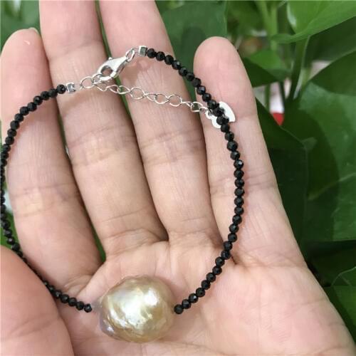 Natural Tiny Shining onxy stone 2-3MM Real Big Baroque 14x18MM Pearl Bracelet 7"Tibetan Silver clasp +3CM
