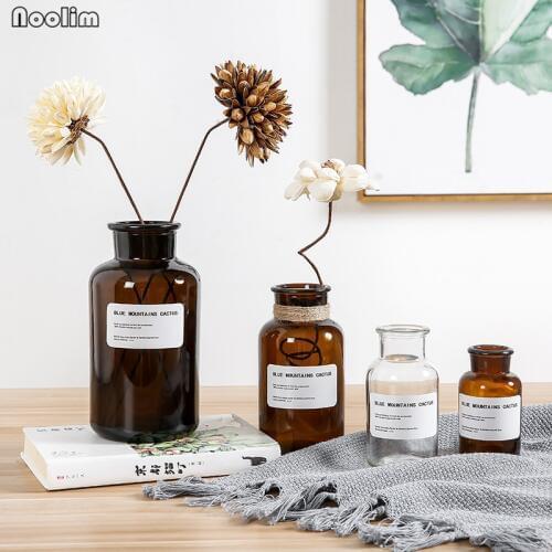 NooLim 1 Pcs Nordic Style Transparent Brown Concise Glass Small Mouth Table Vases Pretty Desk Decorative Vases Home Decoration