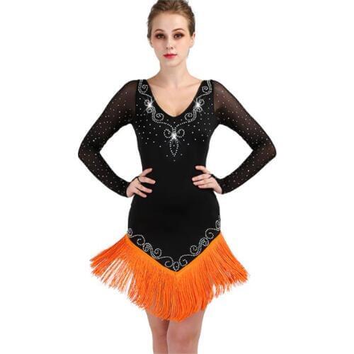 New Flamenco Dancewear Long Mesh Sleeves with Fringe Skirt Latin Dancing Costumes Adult Dance Rumbas Dress 2 Colors B0070