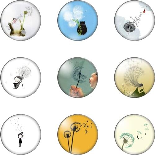 New Art Dandelion Black Cat Round Photo Glass Cabochon Demo Flat Back Making Findings Handmade DIY Accessories