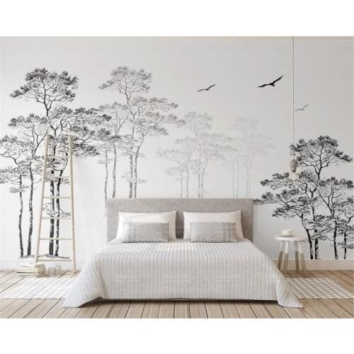 Beibehang Custom Wallpaper Black and white sketch minimalistic abstract tree bird TV background 3d wallpaper papel de parede