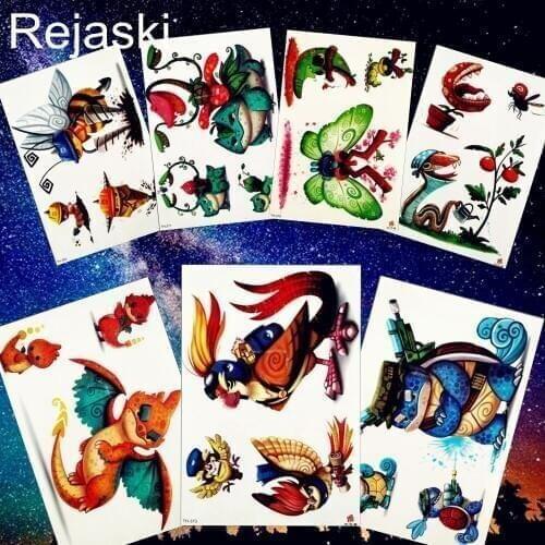 REJASKI Cartoon Bee Dinosaur Cute Bird Frog Temporary Tattoo Sticker Fake Tattoos Body Art Arm Watercolor Tatoo Children Kids