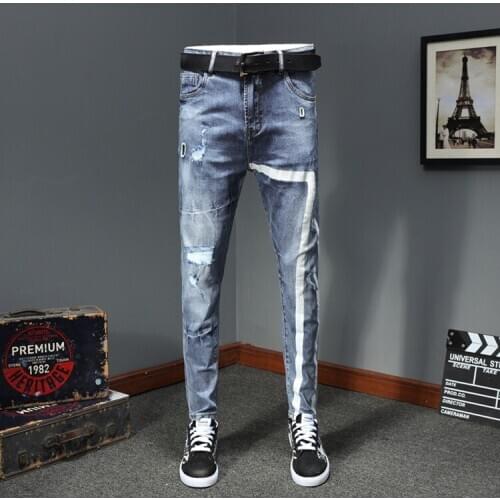 Ripped Jeans Mens Light Blue Slim Fit Stretch Cotton Stripe Print Pants Summer Spring Youth Denim Trousers