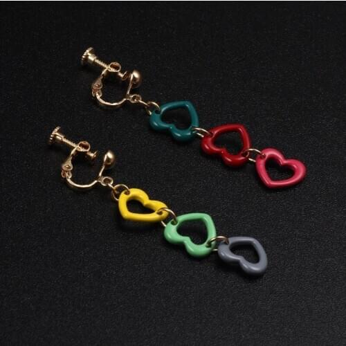 Clip On Earrings Dangle Three Colorful Heart Drop Earings Non Pierced Gold Color Long Clip Earring Dangling Fashion For Women