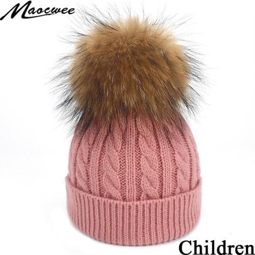 Winter Pompom Hat for Kids Ages 1-6 Knit Beanies Winter Baby Hats for Children Real Fur Pom Pom Hats for Girls And Boys Skullies
