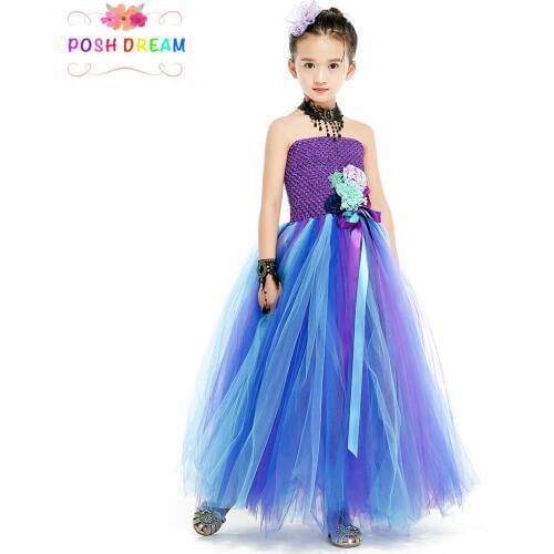 POSH DREAM Peacock Flower Kids Girl Dress Novelty Peacock Voile Girl Clothing for Speacial Occasion Purple Baby Girls Tutu Dress