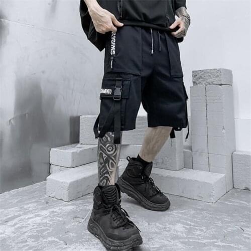 Multi Pockets Techwear Cargo Shorts Man Streetwear Ribbons Short Homme Casual Hip Hop Goth Shorts For Men