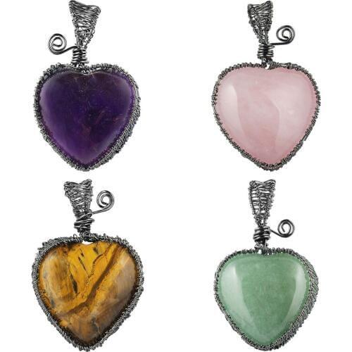SUNYIK Handmade Heart Shape Stone Pendant Healing Crystal Reiki Symbol Copper Wire Wrapped Charms for Jewelry Making