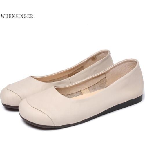 Whensinger -Hand-made Genuine Leather Flat Shoes Woman Slip on Loafers Ladies Flat Shoes Mori Girl Style Brand Designer