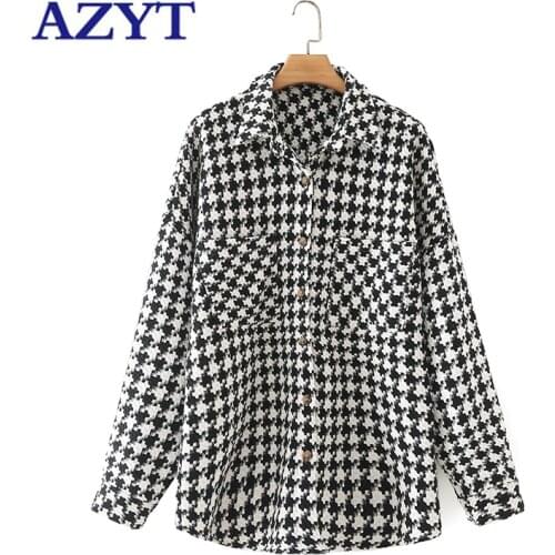 AZYT 2021 Autumn Loose Female Jacket Korean Fashion Bird Lattice Casacos Femininos Casual Turn Down Collar Basic Coat For Women