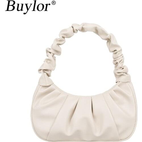 Buylor Pleated PU Leather Ladies Small Handbag Fashion Snap Button Underarm Shoulder Bag Solid Color Female Mini Daily Handbag