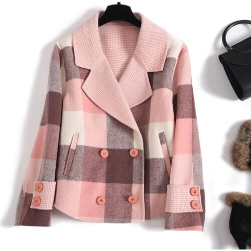 Short 100% Wool Coat Women Double-sided Wool Jacket Korean Pink Plaid Coat Overcoat Abrigos Mujer Elegante 2020 CYA0280 KJ6056