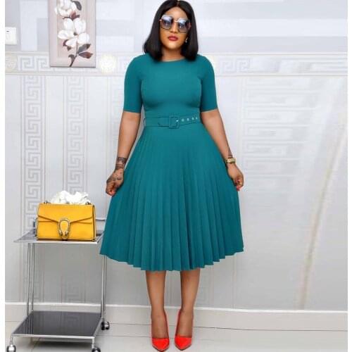 Office Lady Solid Color Pleated A-line Dress Women Retro O-neck Short Sleeve Fit and Flare Dress Classic Empire Formal Dresses