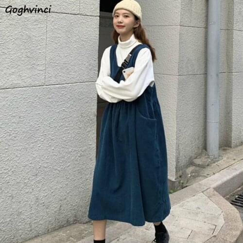 Women Sleeveless Dress Corduroy Loose High Waist Mid-calf Casual Side Pockets Ladies Office Dresses Suspender All-match Lovely