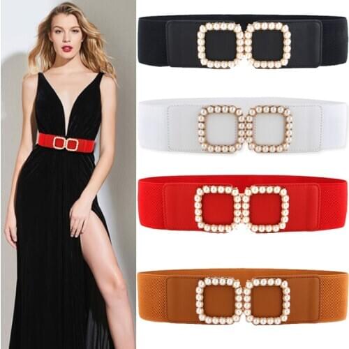 Women Wide PU Leather Waistbands for Dress pearl square buckle Cotton Corset Elastic Waistband Cinch Slim Belt coat lady gifts