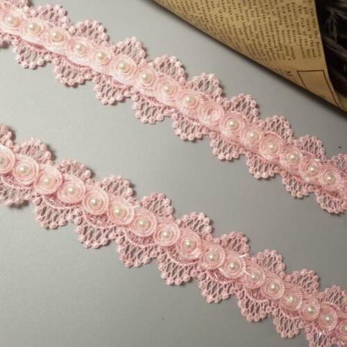 2 yard Pink Pearl Beaded Flower Embroidered Lace Trim Ribbon Floral Applique Patches Wedding Dress Fabric Sewing Craft 4cm