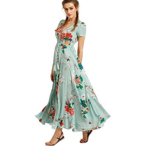 2021 Summer Women Bohemian Dress Hepburn Vintage Maxi Sundress Loose Dress Split Floral Print Evening Party Dresses Vestidos