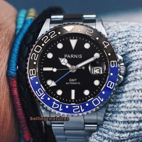 40mm PARNIS Sapphire Crystal GMT Automatic machinery movement luminous mens watches Black & blue ceramic bezel