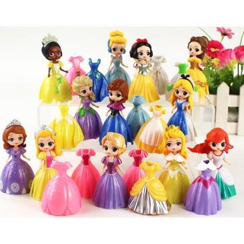 5-8cm 12pcs/Lot Cinderella Alice Princess Elsa Anna Sofia Sophia Snow White Mermaid Figure With Magic Clip Change Dress Toy Gift