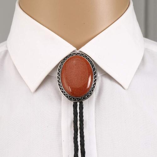 AAA Gold sand stone bolo tie for man Indian cowboy western cowgirl leather rope zinc alloy necktie Oval shape wave side