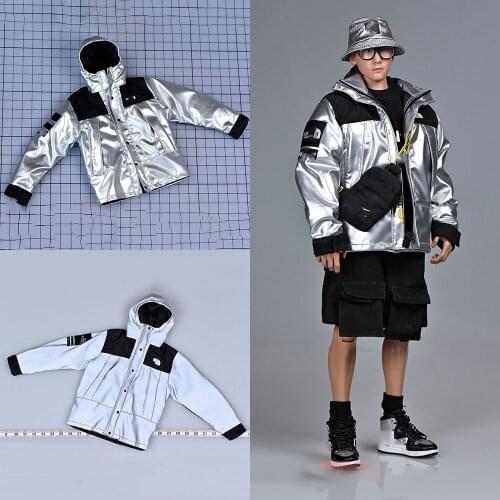 In Stock 1/6 Scale Male Figure Accessory Fashion Trendy Jacket Metallic Silver Reflective Fabric Clothing Accessories Zipper