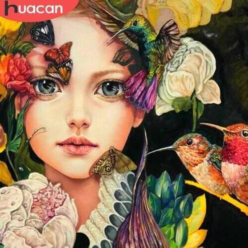 HUACAN Diamond Painting Girl Cross Stitch Diamond Embroidery Bird Mosaic Flowers Wall Art Decoration For Home