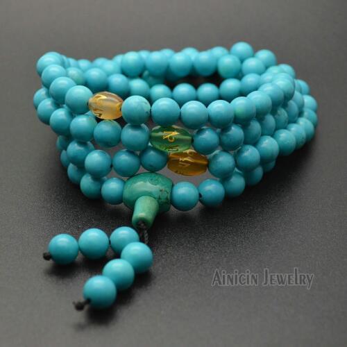 Blue Howlite Turquoise 8mm Round 108 Beads Prayer Bracelets 86cm Long Necklace For Men and Women Fashion Lucky Jewelry
